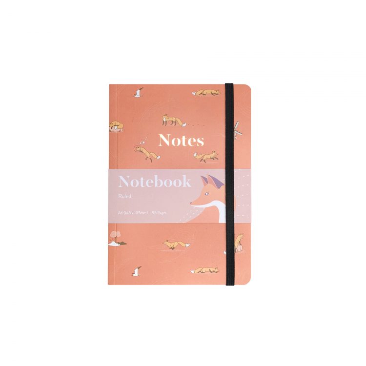 Quinn the Fox Headwinds april showers pink A6 softback notebook